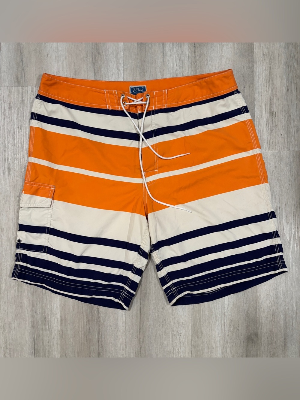 J CREW Orange, Navy, White Stripe Long Board Short Trunk Swimsuit  34” Inseam 9”